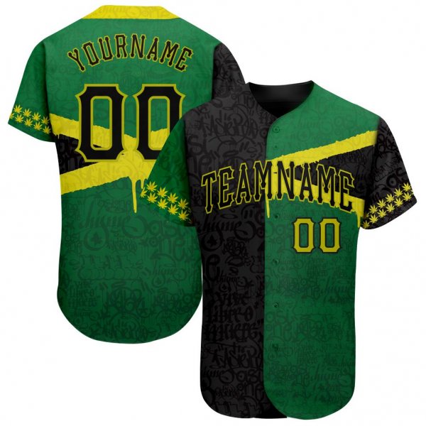 Men's Custom Graffiti Pattern Black-Green 3D "Jamaica" Authentic Baseball Jersey