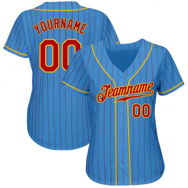 Men's Custom Powder Blue Red Pinstripe Red-Gold Authentic Baseball Jersey