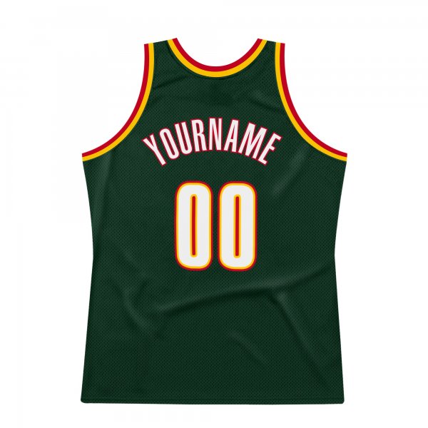 Men's Custom Hunter Green White-Red Authentic Throwback Basketball Jersey