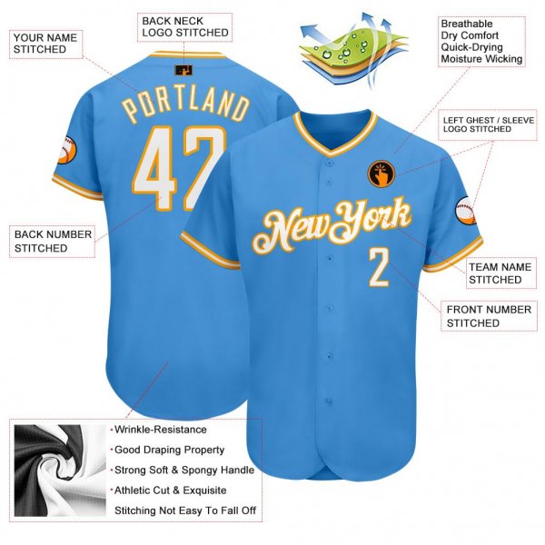 Men's Custom Powder Blue White-Gold Authentic Baseball Jersey