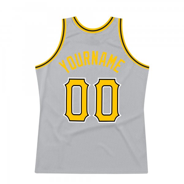 Men's Custom Silver Gray Gold-Black Authentic Throwback Basketball Jersey