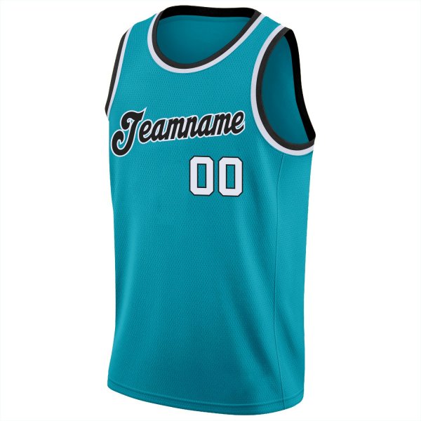 Men's Custom Teal White-Black Round Neck Rib-Knit Basketball Jersey