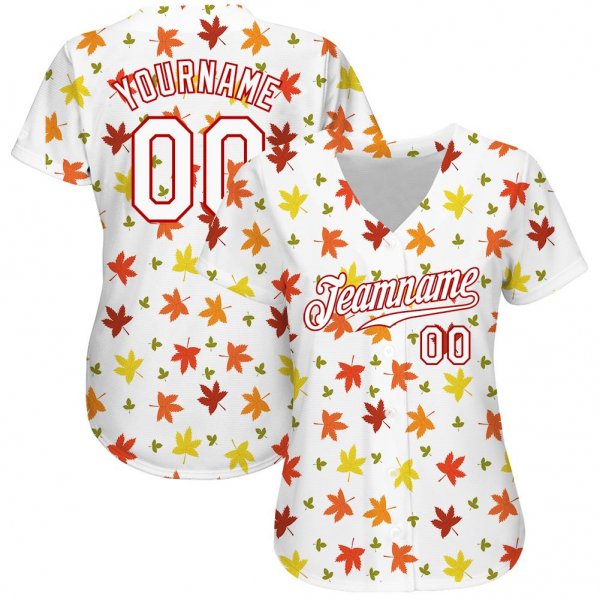 Men's Custom White White-Red 3D Pattern Design "Autumn Leaves" Authentic Baseball Jersey