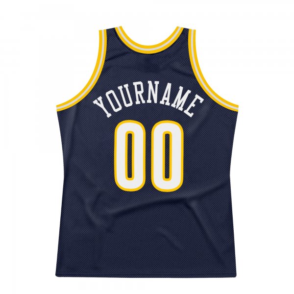 Men's Custom Navy White-Gold Authentic Throwback Basketball Jersey