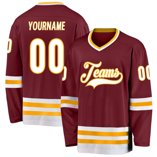 Men's Custom Burgundy White-Gold Hockey Jersey