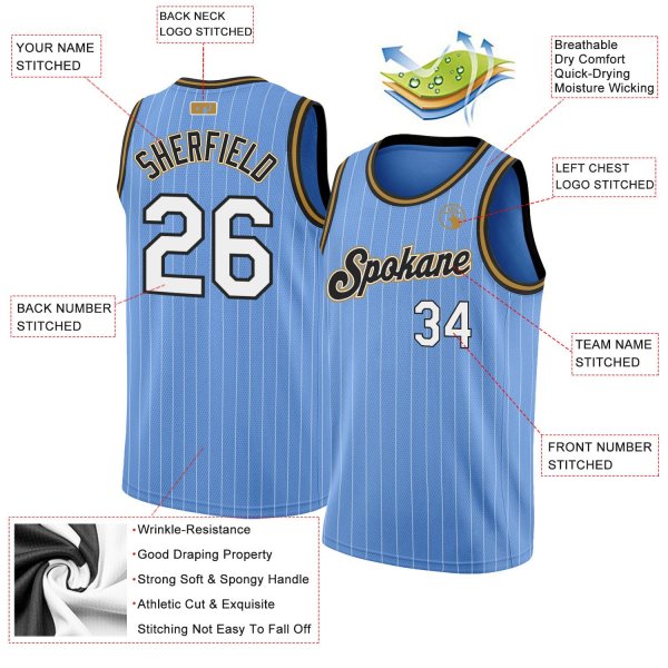 Men's Custom Light Blue White Pinstripe White-Old Gold Authentic Basketball Jersey