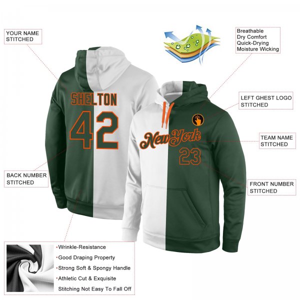 Men's Custom Stitched White Green-Orange Split Fashion Sports Pullover Sweatshirt Hoodie