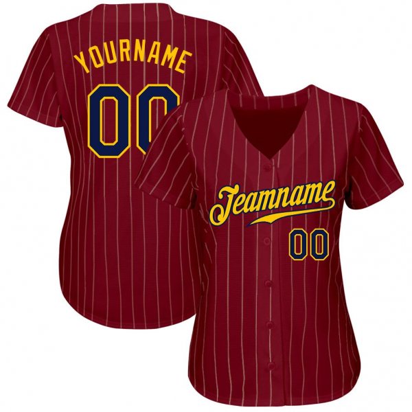 Men's Custom Crimson Cream Pinstripe Navy-Gold Authentic Baseball Jersey