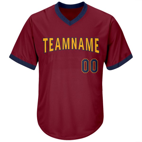 Men's Custom Crimson Navy-Gold Authentic Throwback Rib-Knit Baseball Jersey Shirt