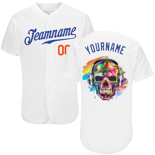 Men's Custom White Royal-Orange Authentic Skull Fashion Baseball Jersey