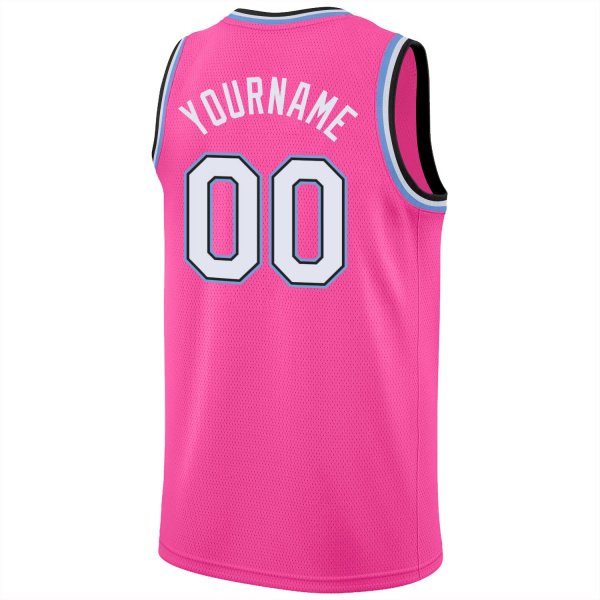 Men's Custom Pink White-Light Blue Round Neck Rib-Knit Basketball Jersey