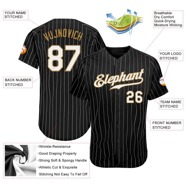 Men's Custom Black White Pinstripe White-Old Gold Authentic Baseball Jersey