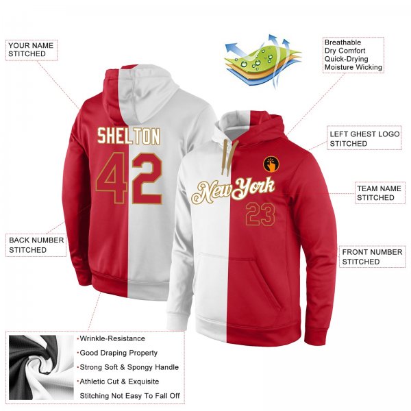 Men's Custom Stitched White Red-Old Gold Split Fashion Sports Pullover Sweatshirt Hoodie