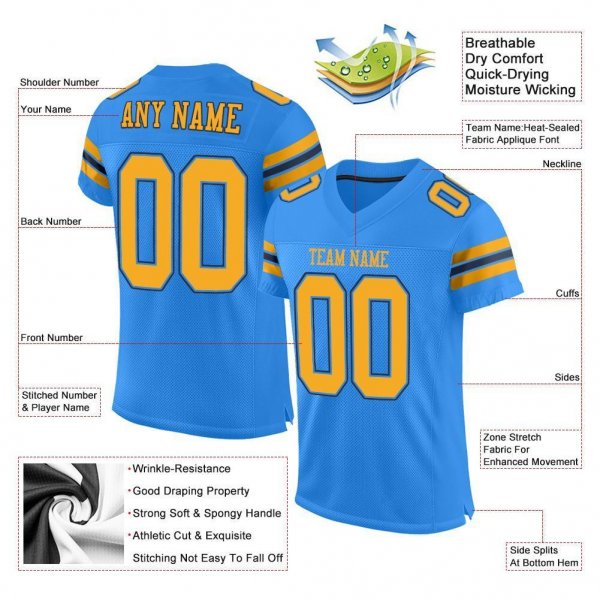 Men's Custom Powder Blue Gold-Navy Mesh Authentic Football Jersey