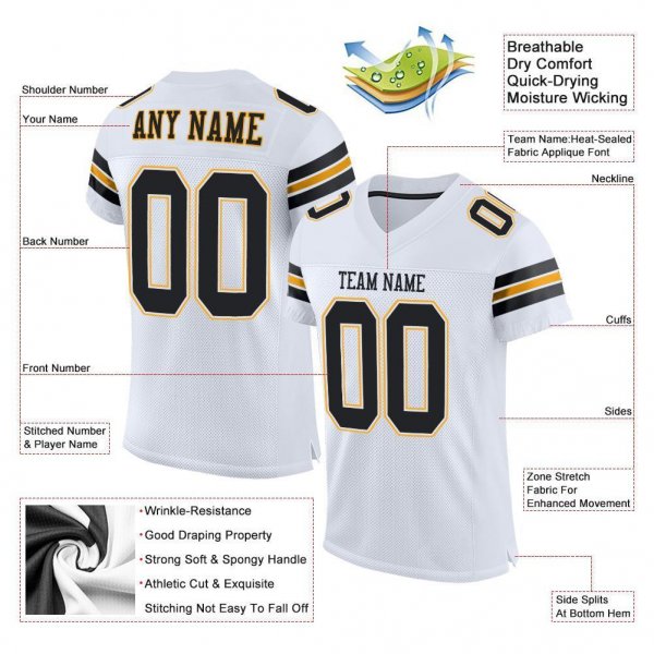 Men's Custom White Black-Gold Mesh Authentic Football Jersey