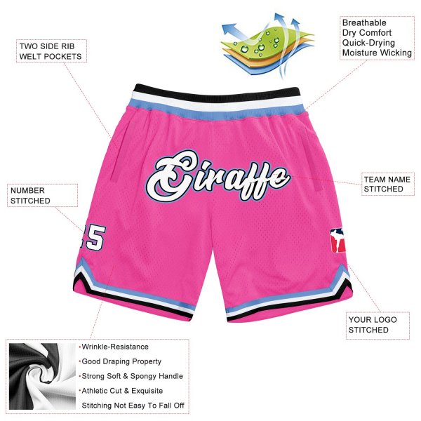 Men's Custom Pink White-Light Blue Authentic Throwback Basketball Shorts