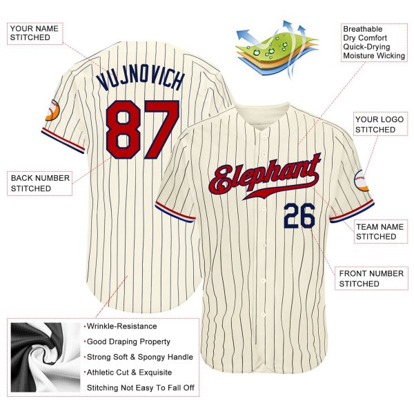 Men's Custom Cream Navy Pinstripe Navy-Red Authentic Baseball Jersey