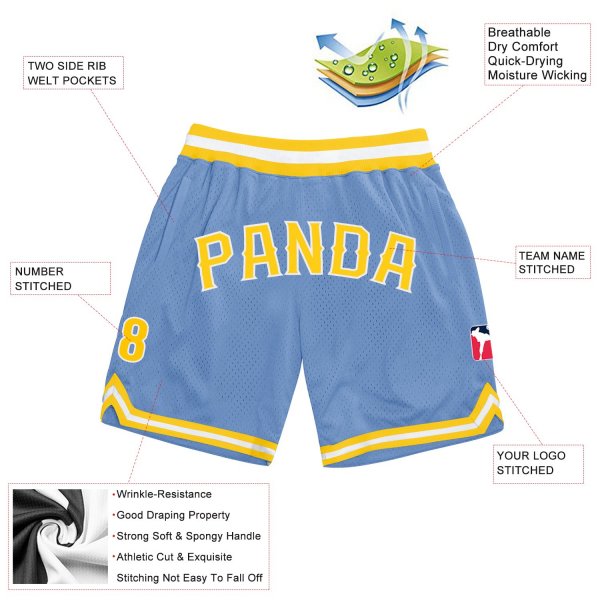 Men's Custom Light Blue Gold-White Authentic Throwback Basketball Shorts