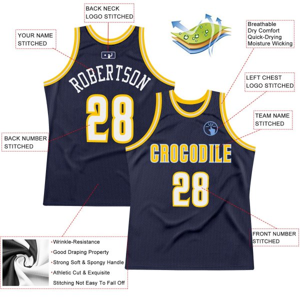 Men's Custom Navy White-Gold Authentic Throwback Basketball Jersey