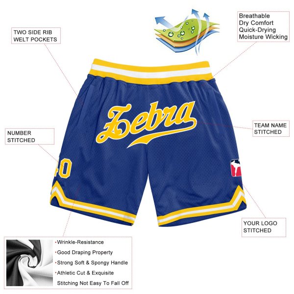 Men's Custom Royal Gold-White Authentic Throwback Basketball Shorts