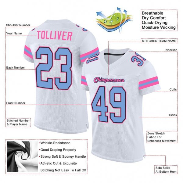 Men's Custom White Light Blue-Pink Mesh Authentic Football Jersey