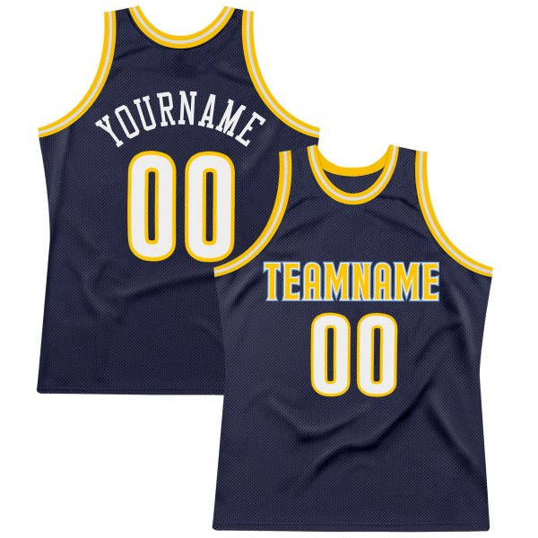 Men's Custom Navy White-Gold Authentic Throwback Basketball Jersey