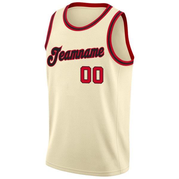 Men's Custom Cream Red-Black Round Neck Rib-Knit Basketball Jersey