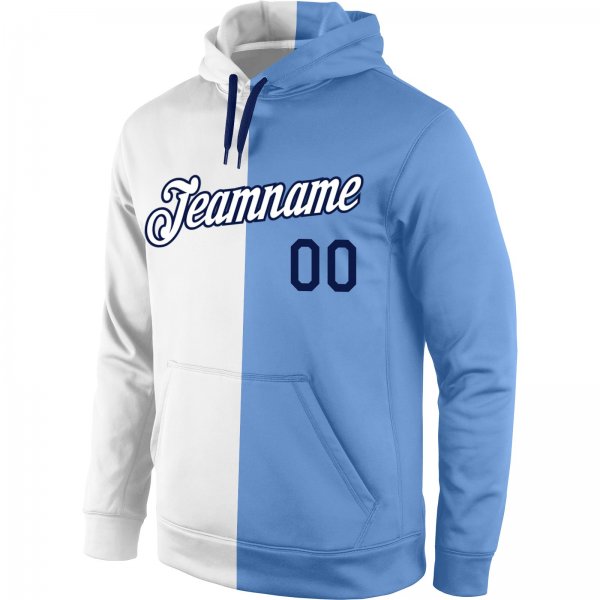 Men's Custom Stitched White Light Blue-Navy Split Fashion Sports Pullover Sweatshirt Hoodie