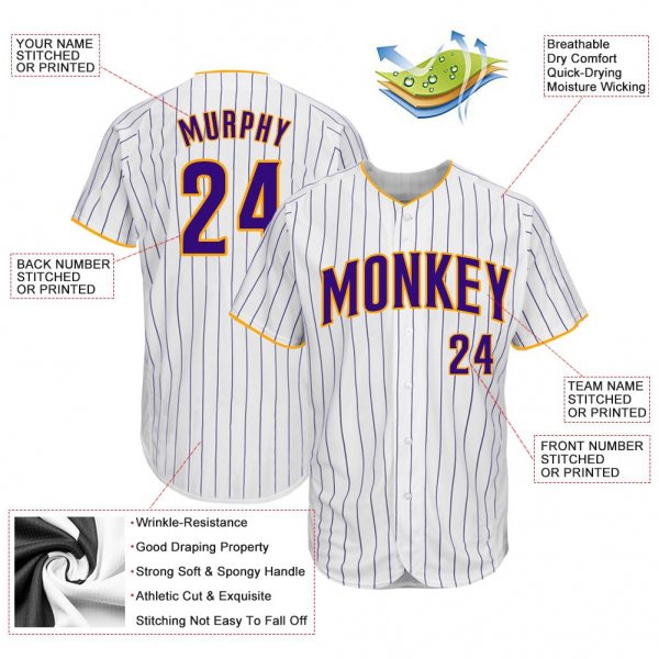 Men's Custom White Purple Pinstripe Purple-Gold Authentic Baseball Jersey