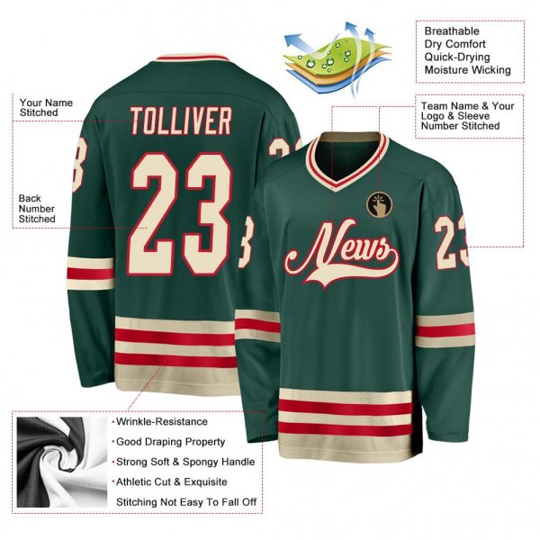 Men's Custom Green Cream-Red Hockey Jersey