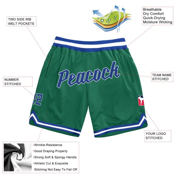 Men's Custom Kelly Green Royal-White Authentic Throwback Basketball Shorts