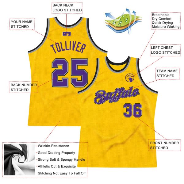 Men's Custom Gold Purple-Silver Gray Authentic Throwback Basketball Jersey