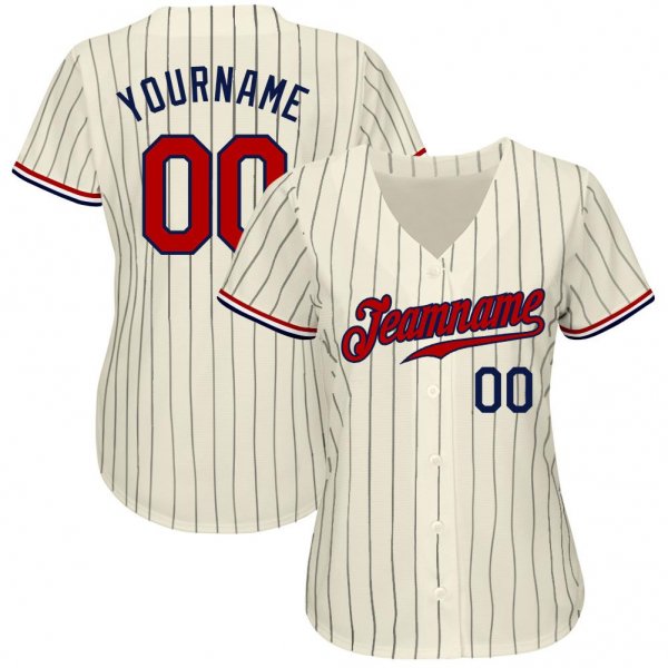 Men's Custom Cream Navy Pinstripe Navy-Red Authentic Baseball Jersey