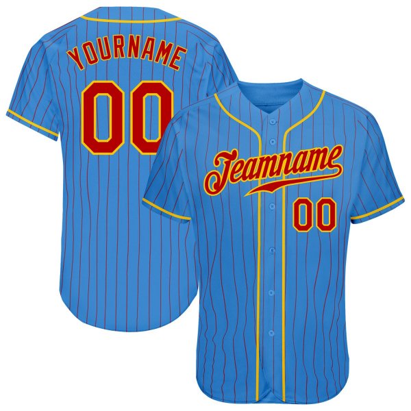 Men's Custom Powder Blue Red Pinstripe Red-Gold Authentic Baseball Jersey