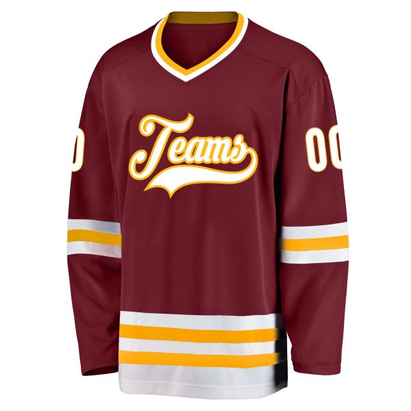 Men's Custom Burgundy White-Gold Hockey Jersey