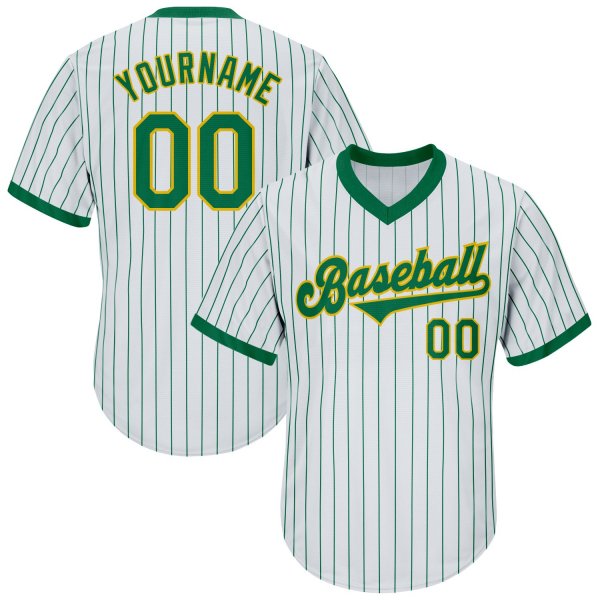 Men's Custom White Kelly Green Pinstripe Kelly Green-Gold Authentic Throwback Rib-Knit Baseball Jersey Shirt