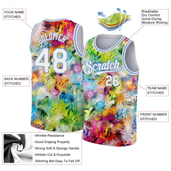 Men's Custom Scratch Graffiti Pattern-White Light Blue 3D Basketball Jersey