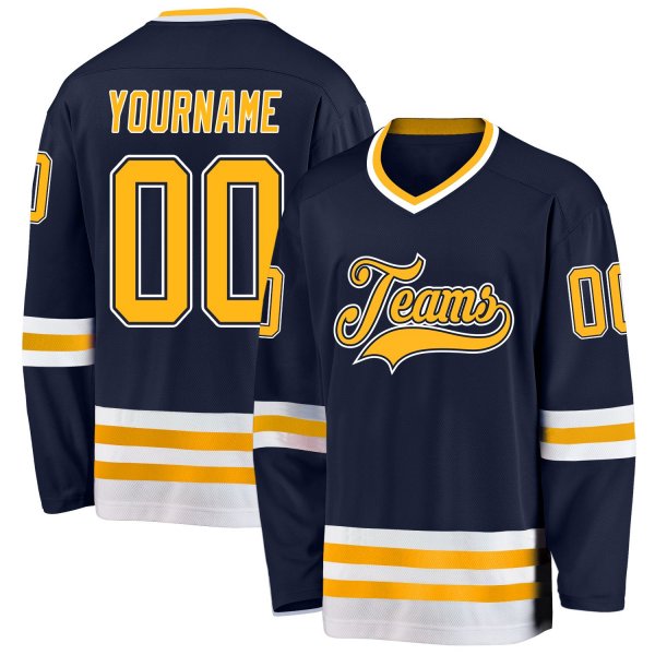 Men's Custom Navy Gold-White Hockey Jersey