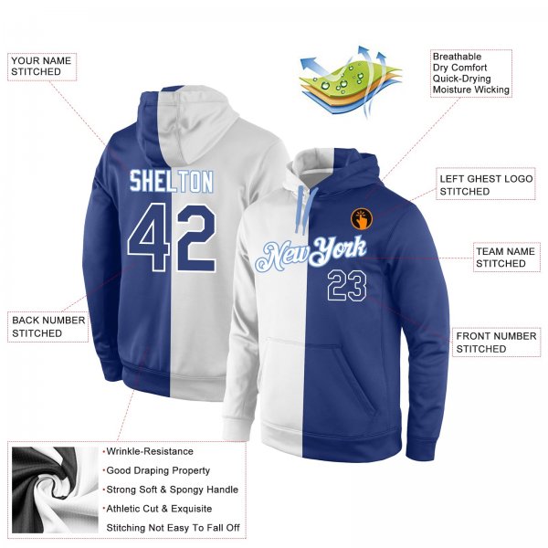 Men's Custom Stitched White Royal-Light Blue Split Fashion Sports Pullover Sweatshirt Hoodie