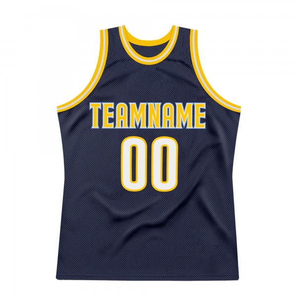 Men's Custom Navy White-Gold Authentic Throwback Basketball Jersey