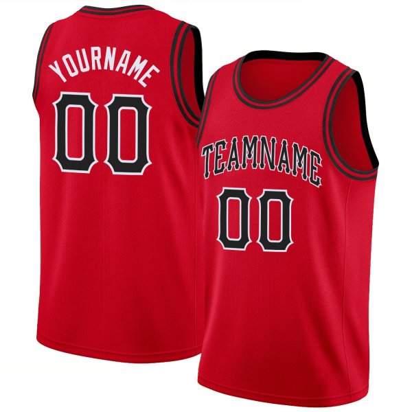 Men's Custom Red Black-White Round Neck Rib-Knit Basketball Jersey