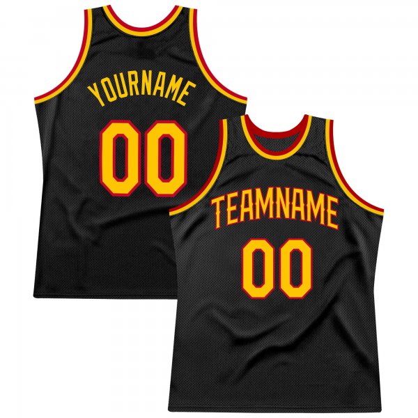 Men's Custom Black Gold-Red Authentic Throwback Basketball Jersey