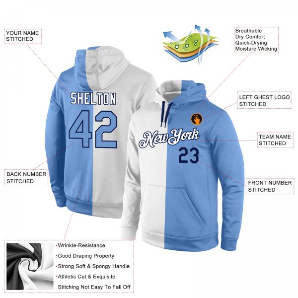 Men's Custom Stitched White Light Blue-Navy Split Fashion Sports Pullover Sweatshirt Hoodie