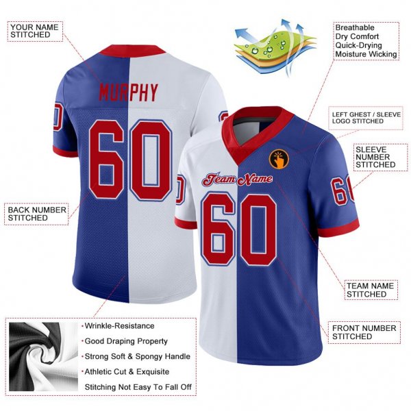 Men's Custom Royal Red-White Mesh Split Fashion Football Jersey