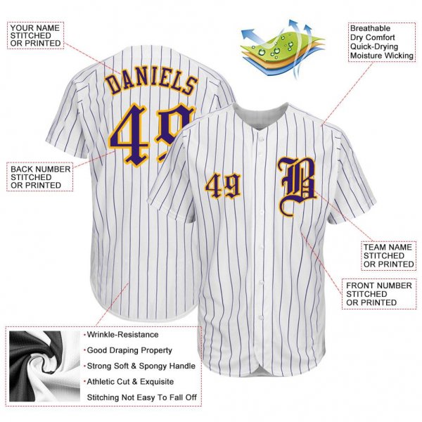 Men's Custom White Purple Pinstripe Purple-Gold Authentic Baseball Jersey