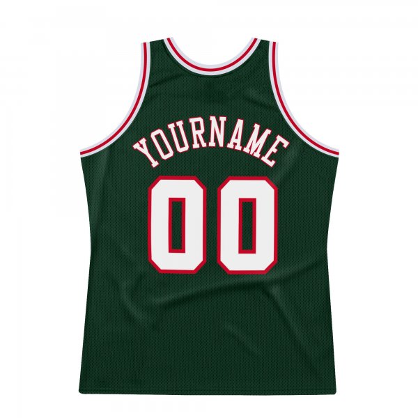 Men's Custom Hunter Green White-Red Authentic Throwback Basketball Jersey