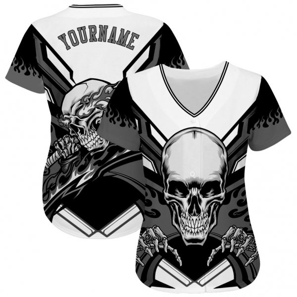 Men's Custom White Gray-Black 3D "Skull" Authentic Baseball Jersey