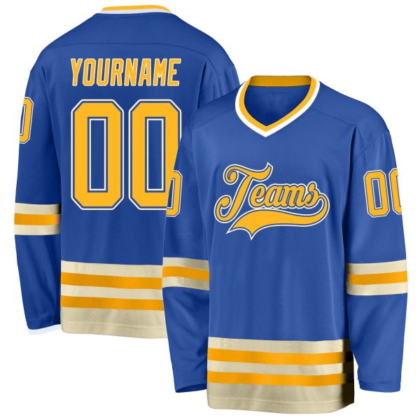 Men's Custom Blue Gold-Cream Hockey Jersey