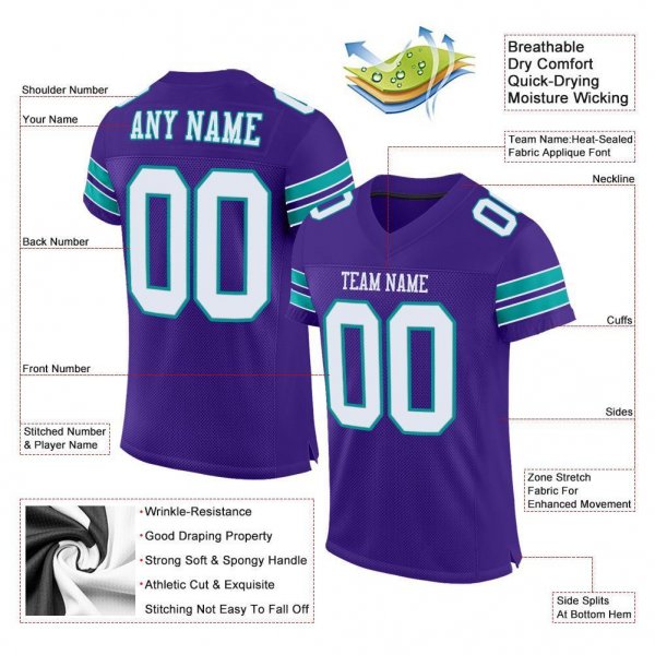 Men's Custom Purple White-Aqua Mesh Authentic Football Jersey