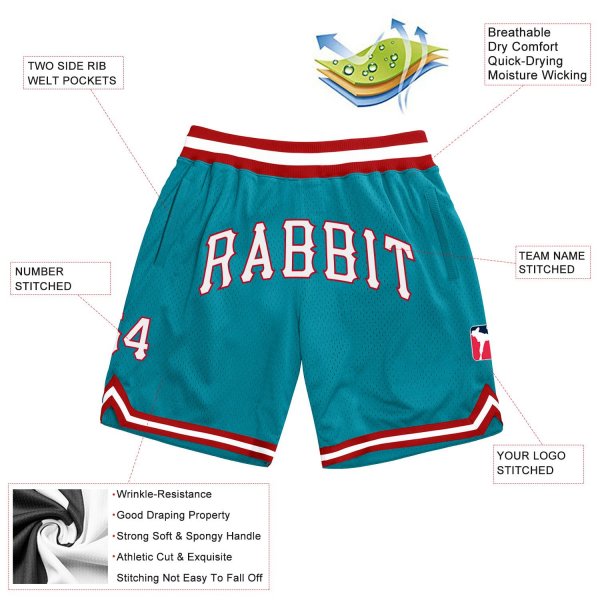 Men's Custom Teal White-Red Authentic Throwback Basketball Shorts